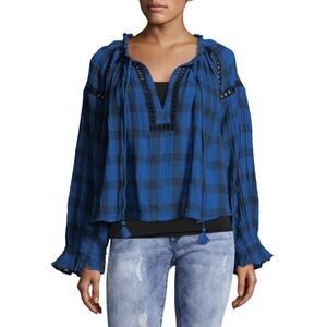 Free People Honey Grove Top Black Blue Plaid Tassel Boho Peasant Blouse M